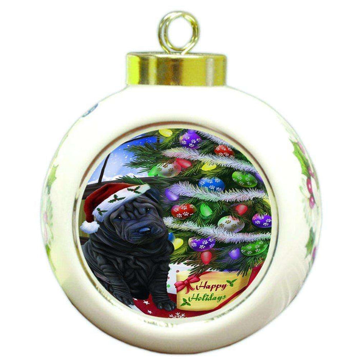 Christmas Happy Holidays Shar Pei Dog with Tree and Presents Round Ball Ornament D074