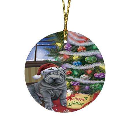 Christmas Happy Holidays Shar Pei Dog with Tree and Presents Round Flat Christmas Ornament RFPOR53846