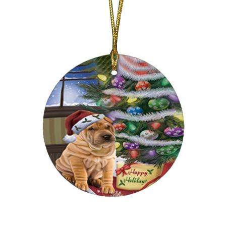 Christmas Happy Holidays Shar Pei Dog with Tree and Presents Round Flat Christmas Ornament RFPOR53848