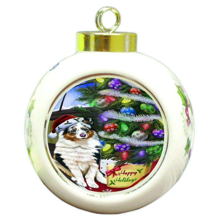 Christmas Happy Holidays Shetland Dog with Tree and Presents Round Ball Ornament D075