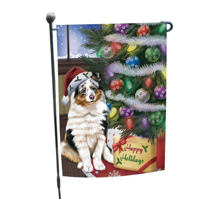 Christmas Happy Holidays Shetland Sheepdog Dog with Tree and Presents Garden Flag