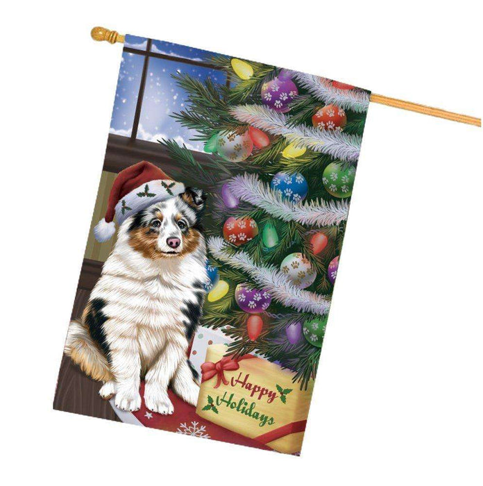 Christmas Happy Holidays Shetland Sheepdog Dog with Tree and Presents House Flag