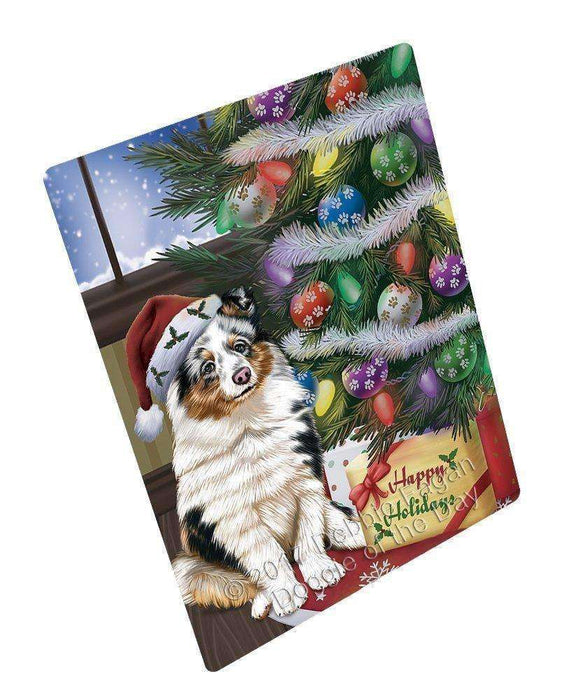 Christmas Happy Holidays Shetland Sheepdog Dog With Tree And Presents Magnet Mini (3.5" x 2")