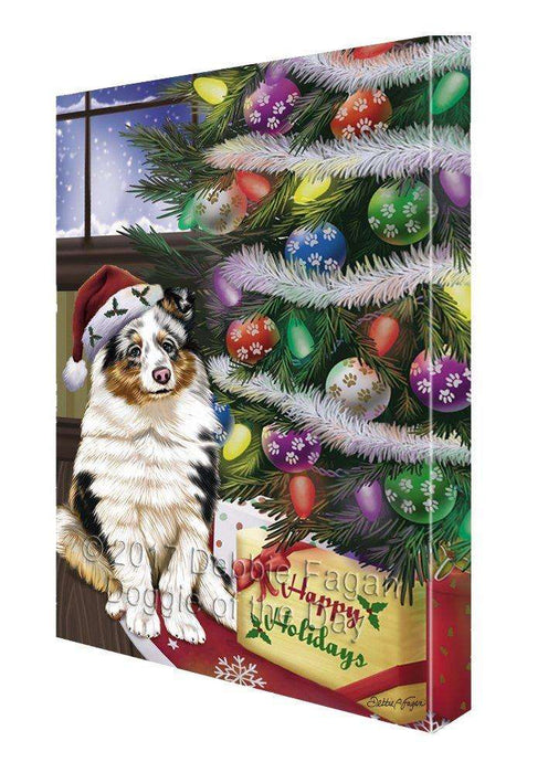 Christmas Happy Holidays Shetland Sheepdog Dog with Tree and Presents Painting Printed on Canvas Wall Art