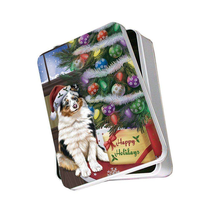 Christmas Happy Holidays Shetland Sheepdog Dog with Tree and Presents Photo Storage Tin
