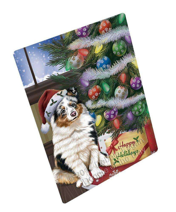 Christmas Happy Holidays Shetland Sheepdog Dog with Tree and Presents Tempered Cutting Board