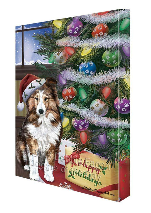 Christmas Happy Holidays Shetland Sheepdog with Tree and Presents Canvas Print Wall Art Décor CVS102572