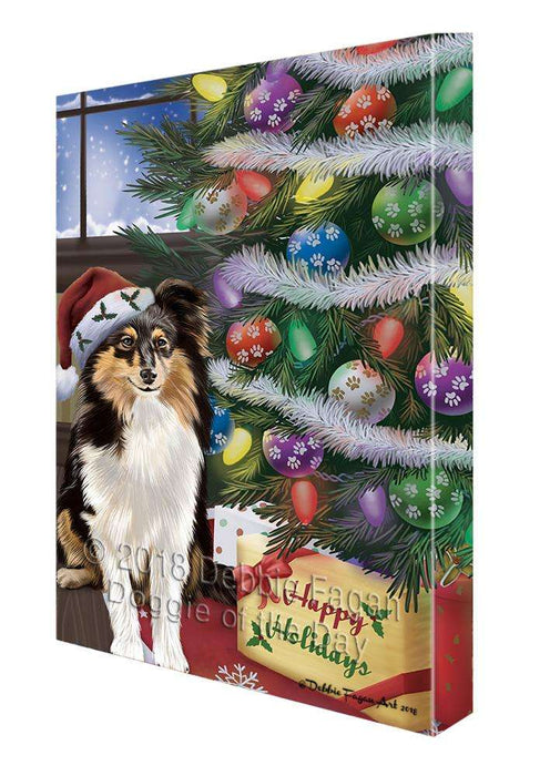 Christmas Happy Holidays Shetland Sheepdog with Tree and Presents Canvas Print Wall Art Décor CVS102581