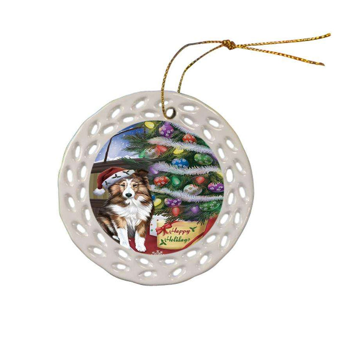 Christmas Happy Holidays Shetland Sheepdog with Tree and Presents Ceramic Doily Ornament DPOR53858