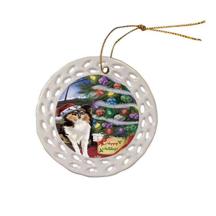 Christmas Happy Holidays Shetland Sheepdog with Tree and Presents Ceramic Doily Ornament DPOR53859