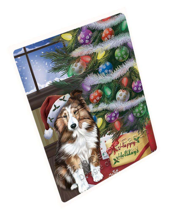 Christmas Happy Holidays Shetland Sheepdog with Tree and Presents Cutting Board C66018