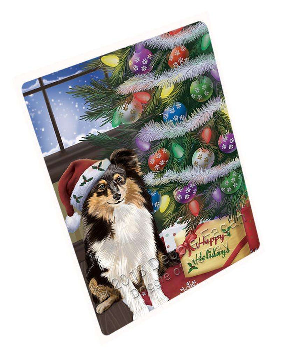 Christmas Happy Holidays Shetland Sheepdog with Tree and Presents Cutting Board C66021