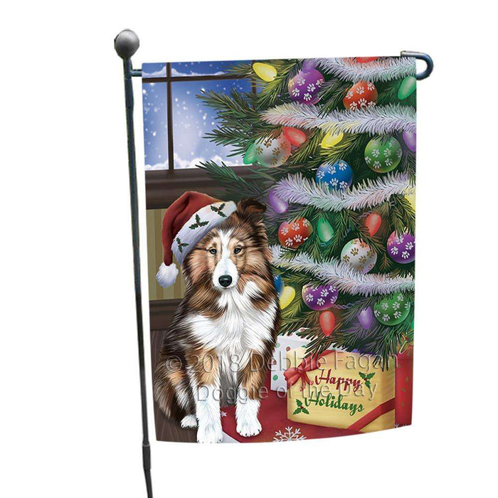 Christmas Happy Holidays Shetland Sheepdog with Tree and Presents Garden Flag GFLG53920