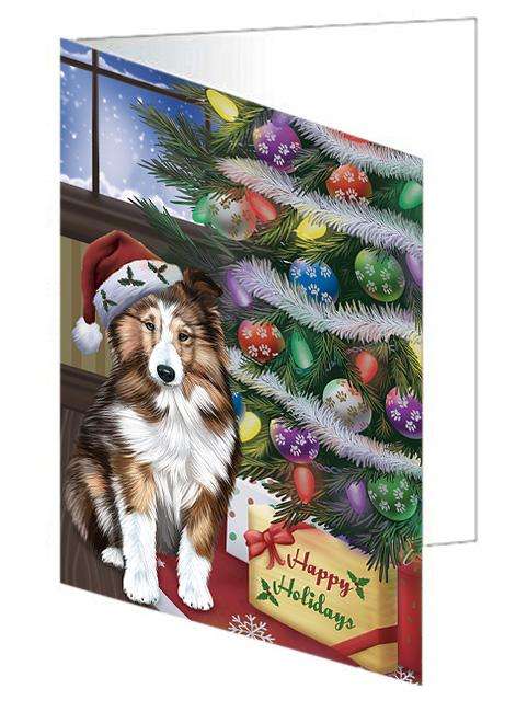 Christmas Happy Holidays Shetland Sheepdog with Tree and Presents Handmade Artwork Assorted Pets Greeting Cards and Note Cards with Envelopes for All Occasions and Holiday Seasons GCD65603