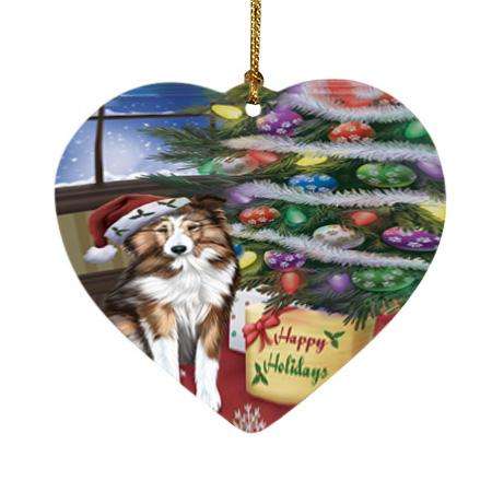 Christmas Happy Holidays Shetland Sheepdog with Tree and Presents Heart Christmas Ornament HPOR53858