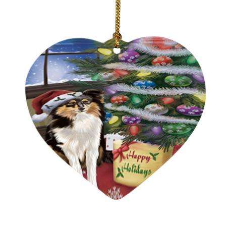 Christmas Happy Holidays Shetland Sheepdog with Tree and Presents Heart Christmas Ornament HPOR53859