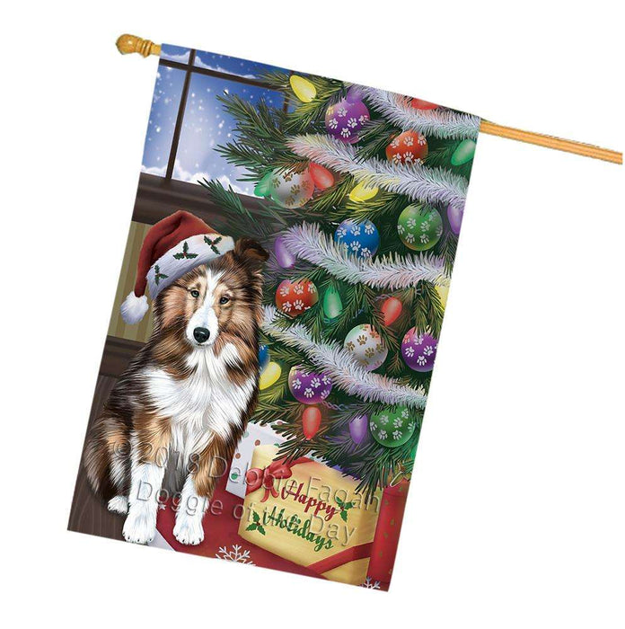 Christmas Happy Holidays Shetland Sheepdog with Tree and Presents House Flag FLG54056