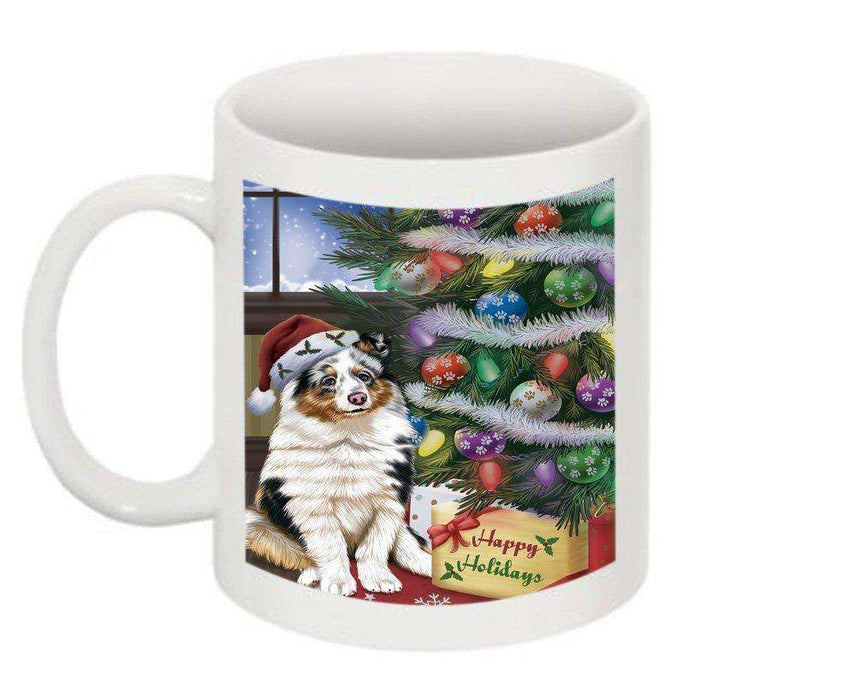 Christmas Happy Holidays Shetland Sheepdog with Tree and Presents Mug CMG0069