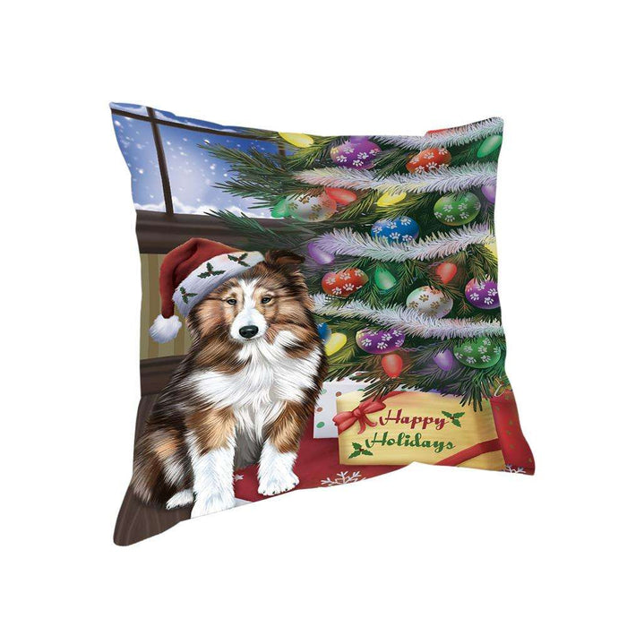 Christmas Happy Holidays Shetland Sheepdog with Tree and Presents Pillow PIL72056