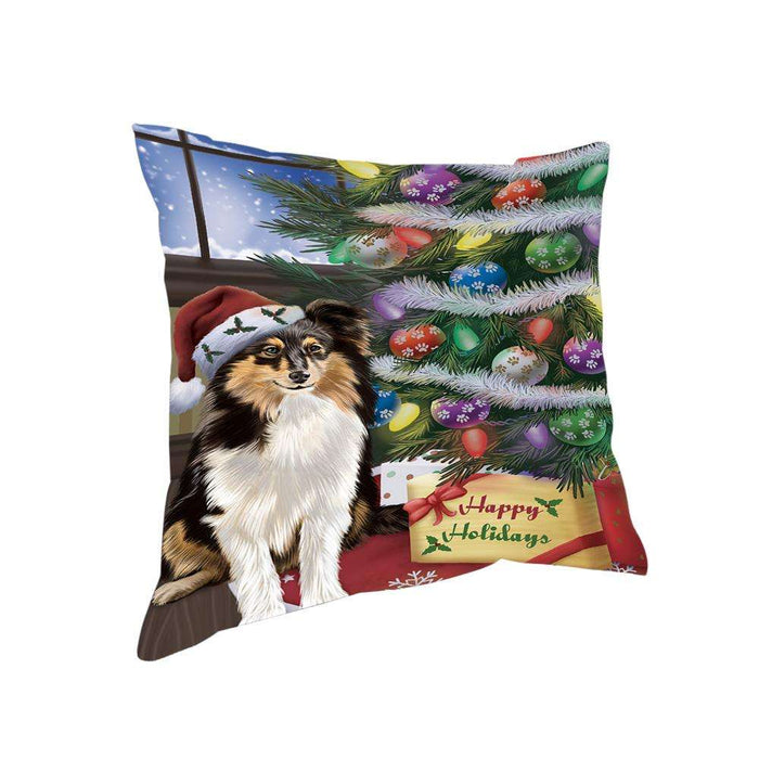 Christmas Happy Holidays Shetland Sheepdog with Tree and Presents Pillow PIL72060