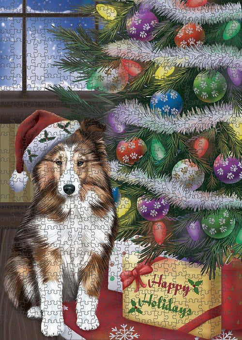 Christmas Happy Holidays Shetland Sheepdog with Tree and Presents Puzzle with Photo Tin PUZL82588