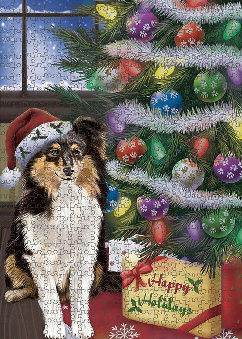 Christmas Happy Holidays Shetland Sheepdog with Tree and Presents Puzzle with Photo Tin PUZL82592