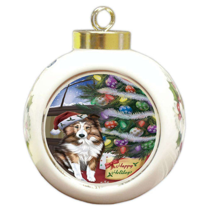 Christmas Happy Holidays Shetland Sheepdog with Tree and Presents Round Ball Christmas Ornament RBPOR53858