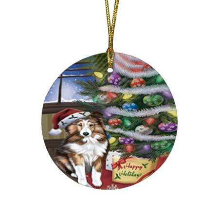 Christmas Happy Holidays Shetland Sheepdog with Tree and Presents Round Flat Christmas Ornament RFPOR53849