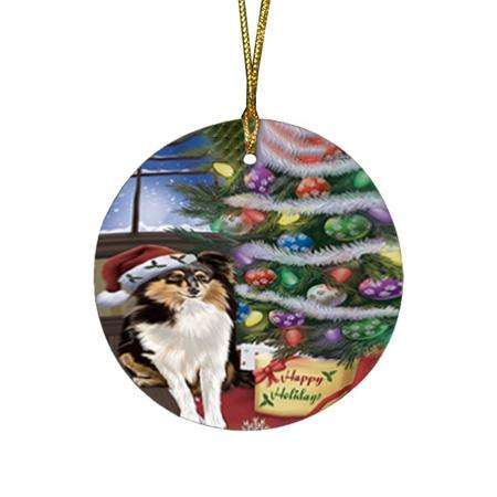 Christmas Happy Holidays Shetland Sheepdog with Tree and Presents Round Flat Christmas Ornament RFPOR53850
