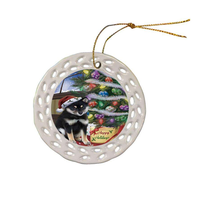 Christmas Happy Holidays Shiba Inu Dog with Tree and Presents Ceramic Doily Ornament DPOR53860