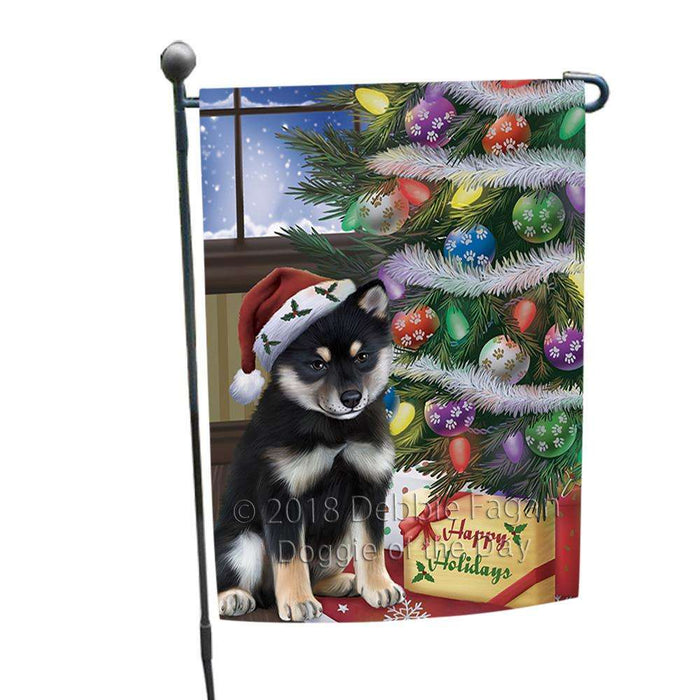 Christmas Happy Holidays Shiba Inu Dog with Tree and Presents Garden Flag GFLG53922