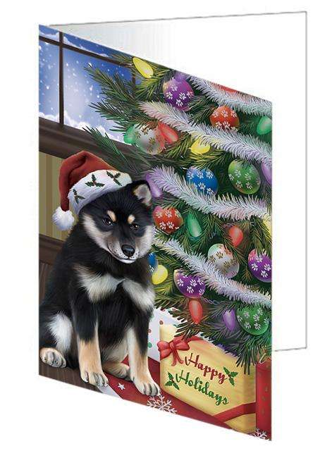 Christmas Happy Holidays Shiba Inu Dog with Tree and Presents Handmade Artwork Assorted Pets Greeting Cards and Note Cards with Envelopes for All Occasions and Holiday Seasons GCD65609