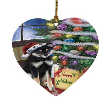 Christmas Happy Holidays Shiba Inu Dog with Tree and Presents Heart Christmas Ornament HPOR53860