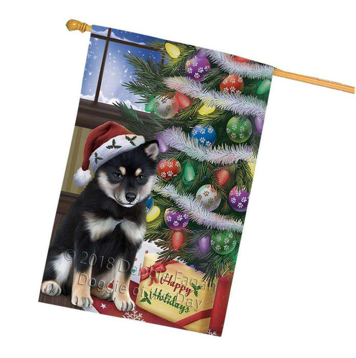 Christmas Happy Holidays Shiba Inu Dog with Tree and Presents House Flag FLG54058