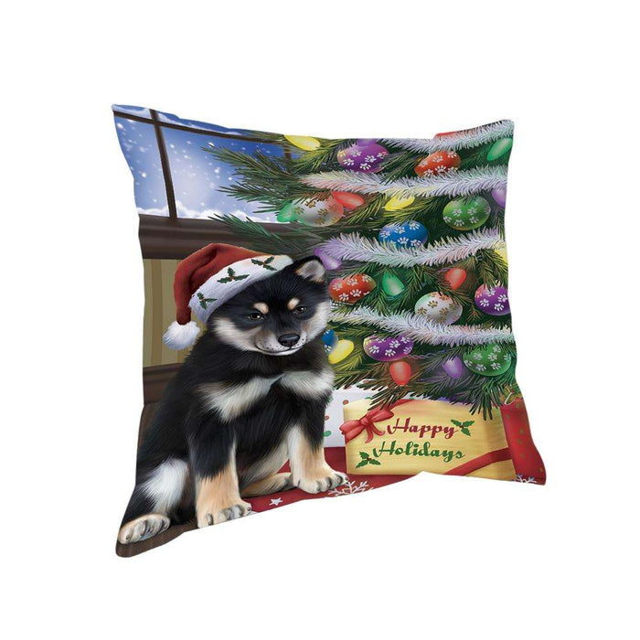 Christmas Happy Holidays Shiba Inu Dog with Tree and Presents Pillow PIL72064