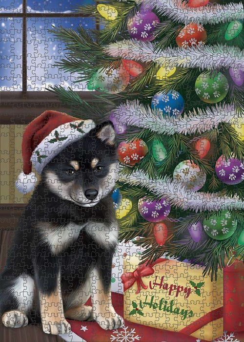 Christmas Happy Holidays Shiba Inu Dog with Tree and Presents Puzzle with Photo Tin PUZL82596