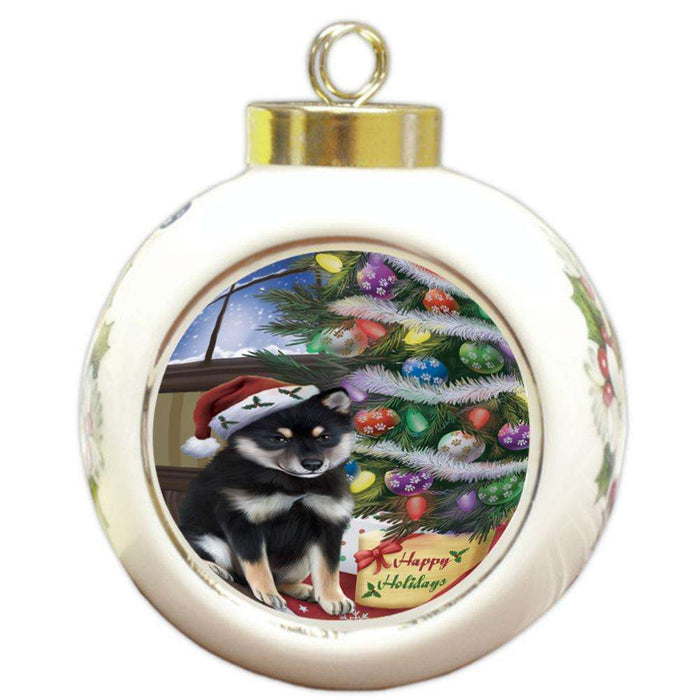 Christmas Happy Holidays Shiba Inu Dog with Tree and Presents Round Ball Christmas Ornament RBPOR53860
