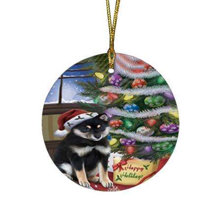 Christmas Happy Holidays Shiba Inu Dog with Tree and Presents Round Flat Christmas Ornament RFPOR53851