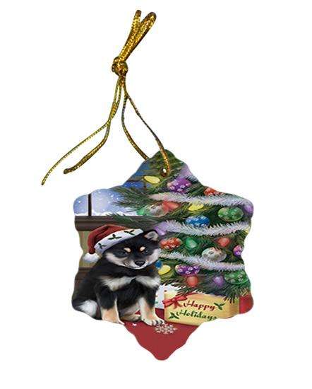 Christmas Happy Holidays Shiba Inu Dog with Tree and Presents Star Porcelain Ornament SPOR53851