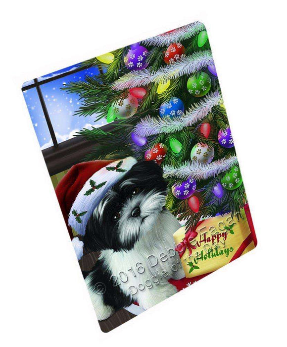 Christmas Happy Holidays Shih Tzu Dog with Tree and Presents Art Portrait Print Woven Throw Sherpa Plush Fleece Blanket