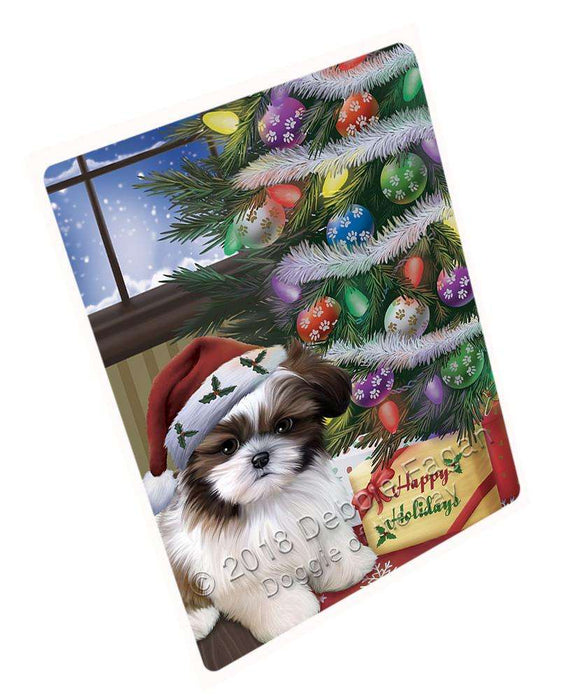 Christmas Happy Holidays Shih Tzu Dog with Tree and Presents Blanket BLNKT102090