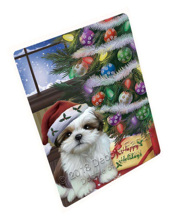 Christmas Happy Holidays Shih Tzu Dog with Tree and Presents Blanket BLNKT102099