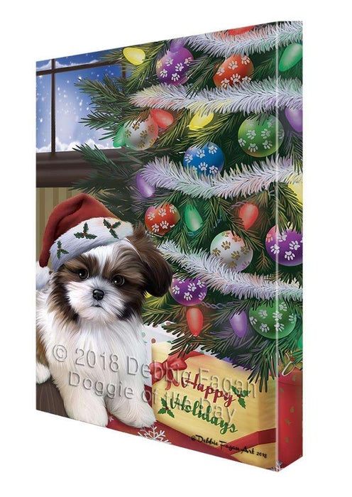 Christmas Happy Holidays Shih Tzu Dog with Tree and Presents Canvas Print Wall Art Décor CVS102599
