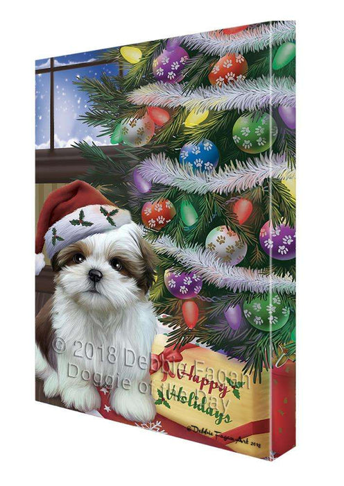 Christmas Happy Holidays Shih Tzu Dog with Tree and Presents Canvas Print Wall Art Décor CVS102608