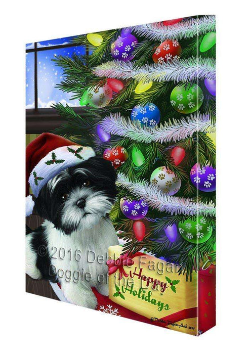Christmas Happy Holidays Shih Tzu Dog with Tree and Presents Canvas Wall Art