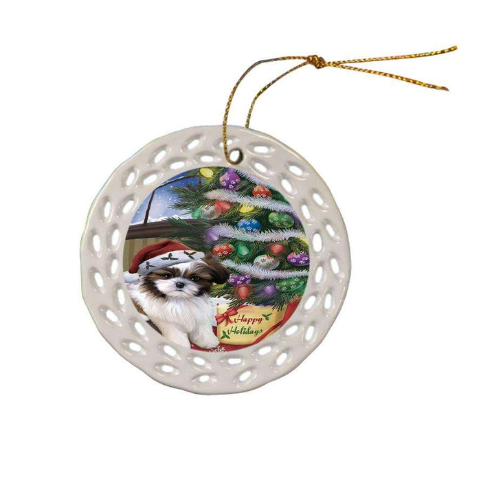 Christmas Happy Holidays Shih Tzu Dog with Tree and Presents Ceramic Doily Ornament DPOR53861