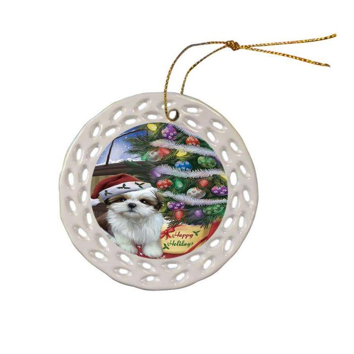 Christmas Happy Holidays Shih Tzu Dog with Tree and Presents Ceramic Doily Ornament DPOR53862