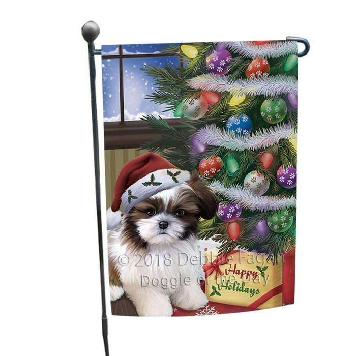 Christmas Happy Holidays Shih Tzu Dog with Tree and Presents Garden Flag GFLG53923