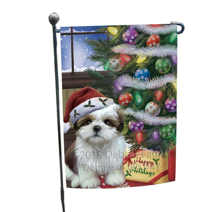 Christmas Happy Holidays Shih Tzu Dog with Tree and Presents Garden Flag GFLG53924