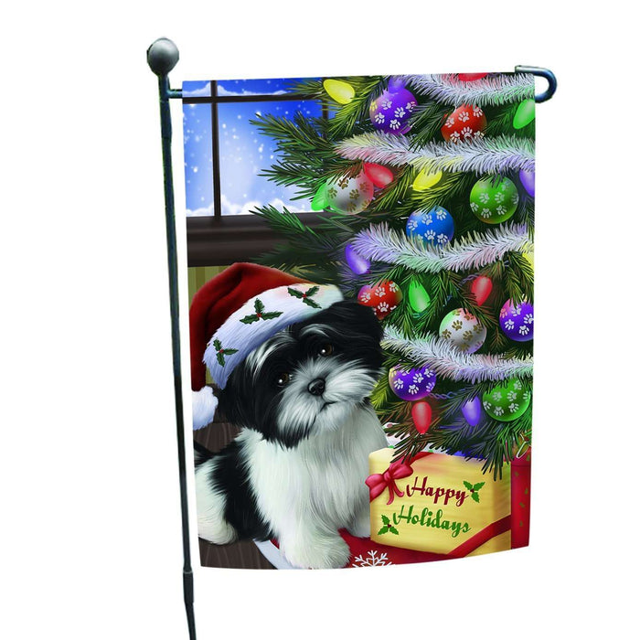Christmas Happy Holidays Shih Tzu Dog with Tree and Presents Garden Flag